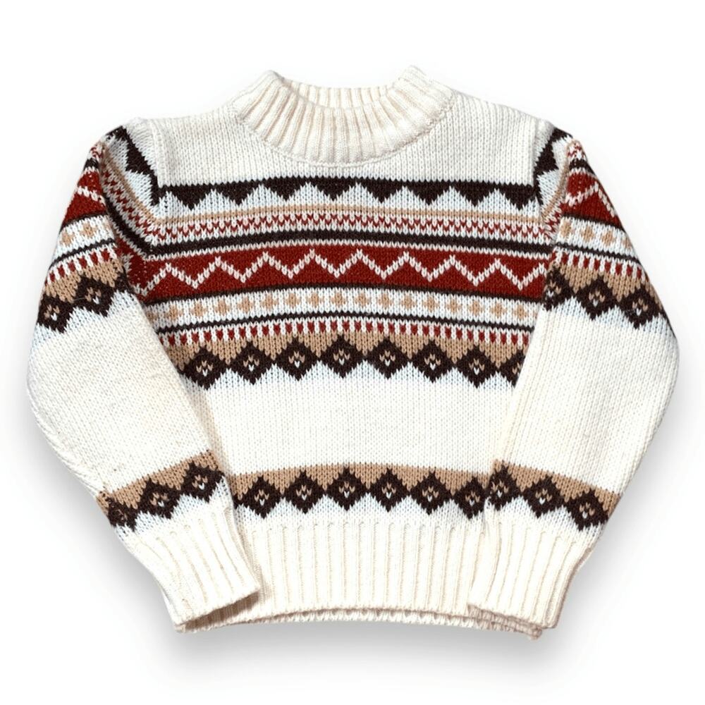 Vintage Toddler Nordic Fair Isle Sweater Cream Knit Scandinavian Winter Pullover